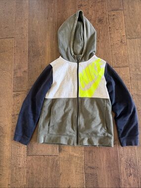 Nike Olive, Gray & Black Colorblock Hoodie with Neon Yellow Logo